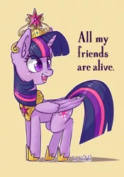 Size: 1024x1464 | Tagged: safe, artist:dsp2003, derpibooru import, twilight sparkle, twilight sparkle (alicorn), alicorn, pony, all my friends are alive, all my friends are dead, big crown thingy, blushing, crown, female, good end, hilarious in hindsight, implied immortality, jewelry, mare, open mouth, regalia, simple background, solo