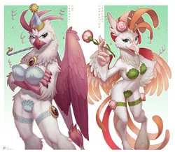 Size: 1280x1115 | Tagged: suggestive, artist:loupgarou, derpibooru import, january joy, anthro, gryphon, hippogriff, unguligrade anthro, birthday ponies, breasts, cameltoe, clothes, c-string, erect nipples, flower, garter, griffonized, hat, hippogriffied, january carnation, jewelry, lingerie, nipple outline, party hat, party horn, species swap
