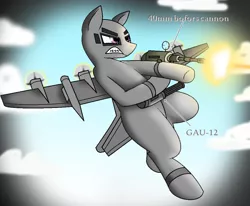 Size: 1008x832 | Tagged: safe, artist:pencil bolt, derpibooru import, oc, oc:explosive angel, unofficial characters only, fly, original species, plane pony, pony, ac-130, cannon, gau-12, gun, lockheed ac-130, male, plane, shooting, sky, solo, war, weapon