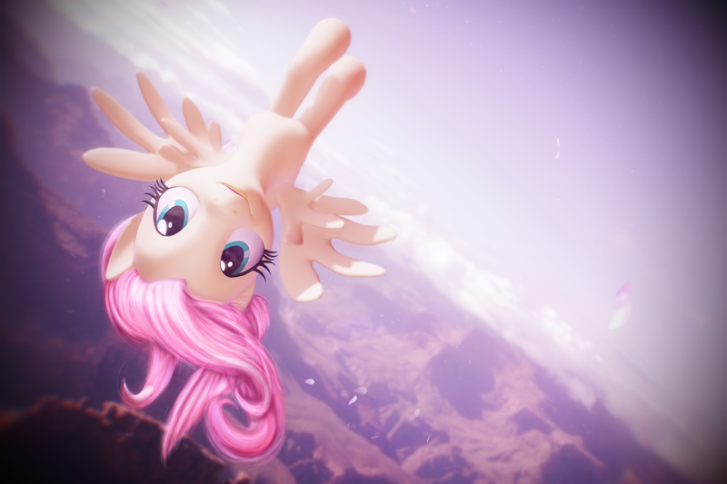 Size: 3000x2000 | Tagged: safe, artist:sparkiss-pony, derpibooru import, fluttershy, pegasus, pony, 3d, canyon, cute, female, flying, looking at you, mare, mmd, shyabetes, smiling, solo, upside down