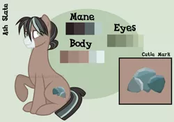 Size: 1353x950 | Tagged: safe, artist:ipandacakes, derpibooru import, oc, oc:ash slate, unofficial characters only, earth pony, pony, male, offspring, parent:marble pie, parent:troubleshoes clyde, parents:marbleshoes, reference sheet, sitting, solo, stallion