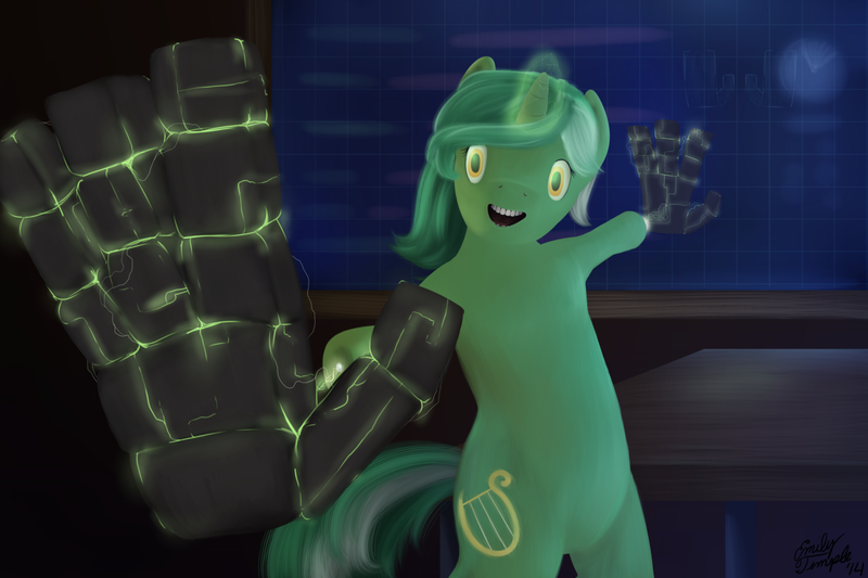 Size: 1280x853 | Tagged: safe, artist:bellalysewinchester, derpibooru import, lyra heartstrings, pony, unicorn, bipedal, glowing horn, hand, magic, solo, that pony sure does love hands