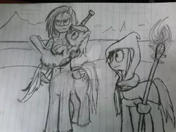 Size: 1024x768 | Tagged: safe, artist:aeropegasus, derpibooru import, scootaloo, oc, oc:aero pegasus, centaur, pony, angry, doodle, female, holding a pony, lined paper, mage, magic, male, robes, simple background, skyrim, staff, surprised, sword, the elder scrolls, traditional art, weapon