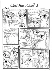 Size: 2550x3506 | Tagged: safe, artist:lupiarts, derpibooru import, oc, oc:camilla curtain, oc:chess, oc:roselyn bloom, oc:sally, unofficial characters only, pony, comic:what have i done, black and white, comic, cute, family, grayscale, monochrome, sad, speech bubble, traditional art, tragic
