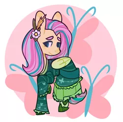 Size: 1024x1011 | Tagged: safe, artist:bluenidy, derpibooru import, fluttershy, pegasus, pony, clothes, cutie mark background, dress, eyebrows, folded wings, hair ornament, head turn, looking away, looking sideways, raised hoof, smiling, solo, standing, wings