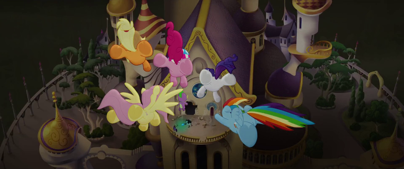 Size: 1920x804 | Tagged: alicorn, applejack, balcony, butt, canterlot, derpibooru import, fluttershy, flying, mane seven, mane six, my little pony: the movie, pinkie pie, plot, rainbow dash, rarity, safe, screencap, spike, staff, staff of sacanas, storm king, tempest shadow, twilight sparkle, twilight sparkle (alicorn), underhoof