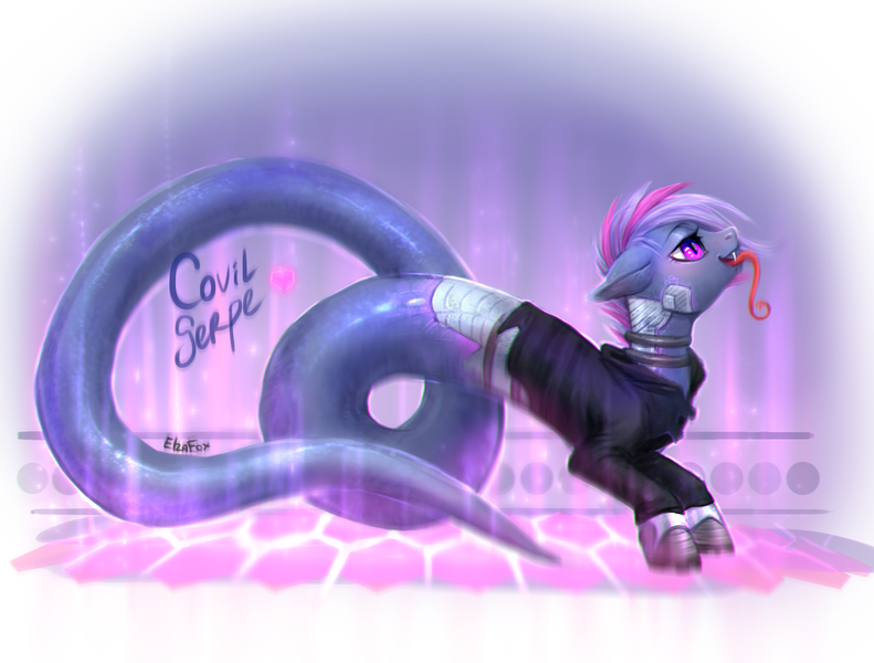 Size: 2109x1600 | Tagged: safe, artist:elzafox, derpibooru import, oc, oc:covil serpe, unofficial characters only, lamia, original species, pony, snake, chromatic aberration, cyberpunk, purple, solo, tongue out