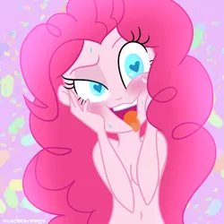 Size: 800x800 | Tagged: suggestive, artist:wubcakeva, derpibooru import, pinkie pie, equestria girls, ahegao, ahego meme, breasts, clothes, covering, female, heart eyes, image, nudity, open mouth, partial nudity, png, smiling, solo, solo female, strategically covered, sweat, tongue out, topless, wingding eyes, yandere pie, yandere trance