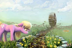 Size: 1000x670 | Tagged: safe, artist:nemo2d, derpibooru import, lily, lily valley, earth pony, pony, crying, female, fence, floppy ears, flower, frown, grass, mare, sad, solo, tabun art-battle, water wheel, wheel