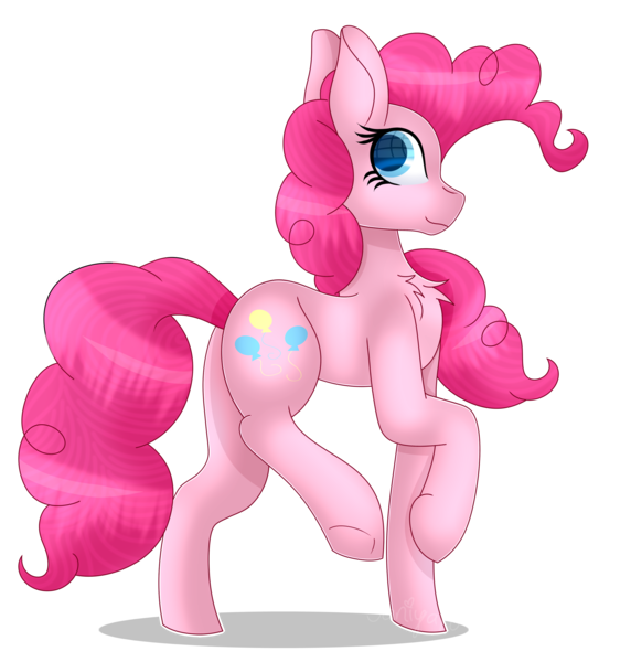 Size: 2447x2569 | Tagged: safe, artist:tomboygirl45, derpibooru import, pinkie pie, earth pony, pony, chest fluff, colored pupils, high res, looking back, raised hoof, raised leg, signature, simple background, smiling, solo, transparent background, underhoof, walking