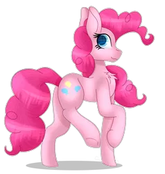 Size: 2447x2569 | Tagged: safe, artist:tomboygirl45, derpibooru import, pinkie pie, earth pony, pony, chest fluff, colored pupils, high res, looking back, raised hoof, raised leg, signature, simple background, smiling, solo, transparent background, underhoof, walking