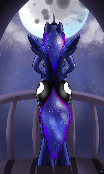 Size: 3000x5000 | Tagged: anthro, artist:salemcat, both cutie marks, breasts, derpibooru import, ethereal mane, female, full moon, galaxy mane, moon, moonbutt, nudity, princess luna, questionable, solo, solo female