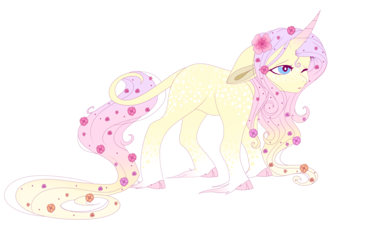 Size: 1024x614 | Tagged: safe, artist:kiara-kitten, derpibooru import, fluttershy, classical unicorn, pony, unicorn, leak, spoiler:g5, cloven hooves, colored hooves, female, flower, flower in hair, flower in tail, fluttershy (g5), g5, gradient mane, leonine tail, mare, one eye closed, race swap, simple background, solo, transparent background, unicorn fluttershy, unshorn fetlocks