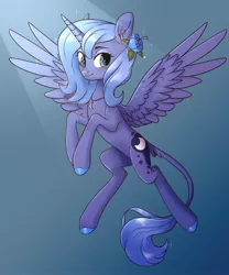 Size: 1800x2160 | Tagged: safe, artist:worldlofldreams, derpibooru import, princess luna, alicorn, pony, blue background, cute, female, flower, flower in hair, flying, gradient background, horn, jewelry, leonine tail, looking at you, mare, necklace, rearing, s1 luna, smiling, solo, sparkles, spotlight, spread wings, wings