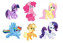 Size: 1024x699 | Tagged: safe, artist:twisted-sketch, derpibooru import, applejack, fluttershy, pinkie pie, rainbow dash, rarity, twilight sparkle, twilight sparkle (alicorn), alicorn, pegasus, pony, unicorn, applejack's hat, cowboy hat, female, hat, horn, looking at you, mane six, mare, obtrusive watermark, smiling, sticker, watermark, wings