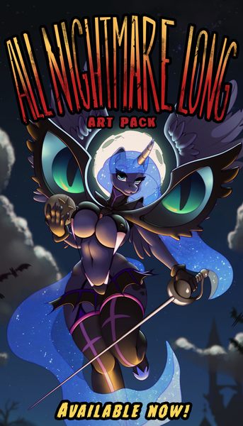 Size: 732x1280 | Tagged: advertisement, alicorn, anthro, artist:don-ko, art pack, art pack:all nightmare long, art pack cover, breasts, clothes, cloud, costume, derpibooru import, full moon, kamui, kill la kill, moon, night, princess luna, rapier, suggestive, sword, weapon