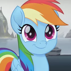 Size: 800x800 | Tagged: safe, derpibooru import, edit, edited screencap, screencap, rainbow dash, pegasus, pony, my little pony: the movie, basalt beach, cropped, cute, dashabetes, female, mare, smiling, solo