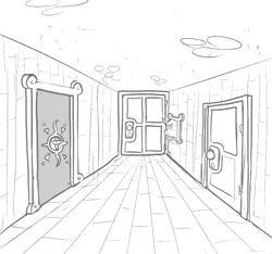 Size: 640x600 | Tagged: safe, artist:ficficponyfic, derpibooru import, oc, oc:face on the wall, unofficial characters only, pony, cyoa:the wizard of logic tower, bald, bolt, cyoa, door, door handle, doorknob, doorway, hall, mirror, monochrome, story included, wooden floor, wooden walls