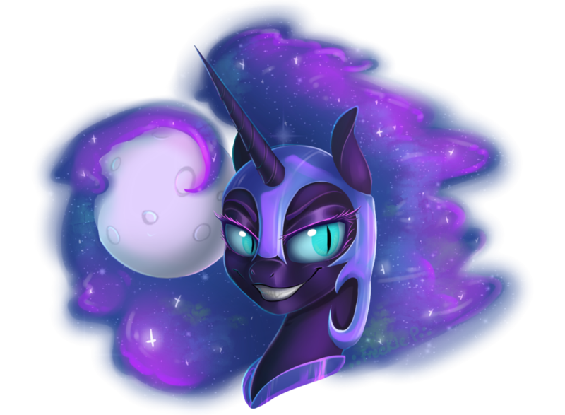 Size: 1024x751 | Tagged: dead source, safe, artist:freckleplant, derpibooru import, nightmare moon, alicorn, pony, bust, evil grin, grin, moon, portrait, simple background, smiling, solo, transparent background