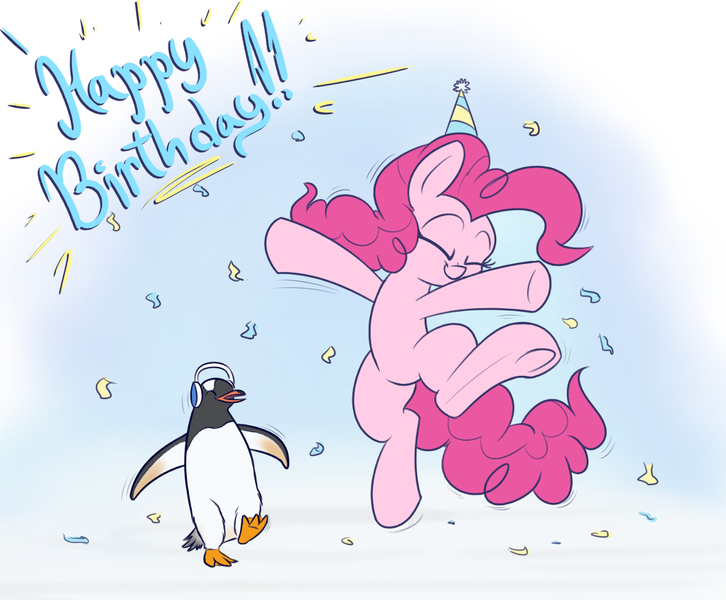 Size: 1150x950 | Tagged: safe, artist:heir-of-rick, derpibooru import, pinkie pie, bird, earth pony, penguin, pony, bipedal, confetti, dancing, eyes closed, female, gentoo penguin, headphones, mare, smiling