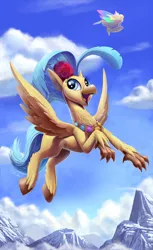 Size: 1500x2444 | Tagged: airship, artist:tsitra360, classical hippogriff, derpibooru import, female, flying, happy, hippogriff, mountain, my little pony: the movie, princess skystar, safe, seashell necklace, sky, smiling, solo