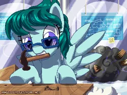 Size: 800x600 | Tagged: safe, artist:rangelost, derpibooru import, oc, oc:cloudy bits, unofficial characters only, pegasus, pony, blueprint, box, cloud, cloud storage, dropping box, female, glasses, hammer, mare, mouth hold, nails, patreon, patreon reward, prototype, signature, solo, stormcloud, underhoof, workshop