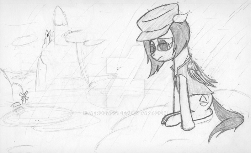 Size: 1024x625 | Tagged: safe, artist:aeropegasus, derpibooru import, oc, oc:aero pegasus, unofficial characters only, pegasus, pony, canterlot, cap, clothes, female, floppy ears, glasses, hat, looking down, ponyville, rain, sad, shirt, simple background, sitting, sketch, traditional art, vest