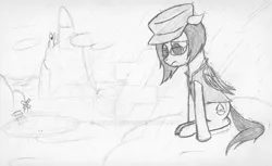 Size: 1024x625 | Tagged: safe, artist:aeropegasus, derpibooru import, oc, oc:aero pegasus, unofficial characters only, pegasus, pony, canterlot, cap, clothes, female, floppy ears, glasses, hat, looking down, ponyville, rain, sad, shirt, simple background, sitting, sketch, traditional art, vest