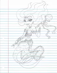 Size: 788x1013 | Tagged: safe, artist:haleyc4629, derpibooru import, oc, oc:queen oceania, unofficial characters only, mermaid, fanfic, fanfic:mermaid magic, equestria girls, fanfic art, jewelry, lined paper, scepter, solo, traditional art