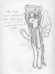 Size: 1024x1375 | Tagged: safe, artist:aeropegasus, derpibooru import, oc, oc:aero pegasus, unofficial characters only, pegasus, pony, cap, clothes, female, flying, glasses, happy, hat, simple background, sketch, solo, text, traditional art, vest, white background