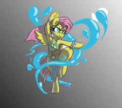 Size: 1600x1422 | Tagged: safe, artist:niggerdrawfag, derpibooru import, fluttershy, pegasus, pony, fighting is magic, alternate hairstyle, armpits, badass, balancing, chun li, clothes, fighting stance, flutterbadass, gradient background, martial arts, one wing out, spiked wristband, standing, standing on one leg, street fighter, wristband