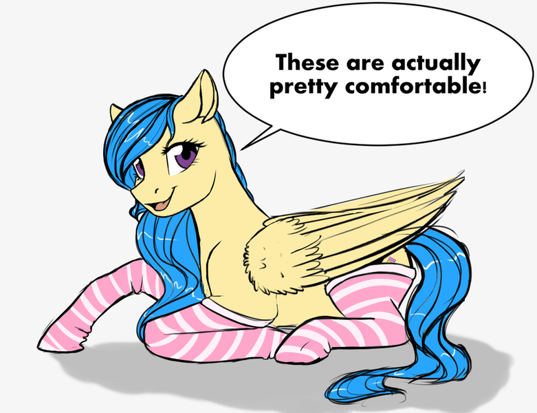 Size: 1024x787 | Tagged: safe, artist:fairdahlia, derpibooru import, oc, unofficial characters only, pegasus, pony, clothes, female, kneesocks, lying, mare, prone, simple background, socks, solo, striped socks, white background