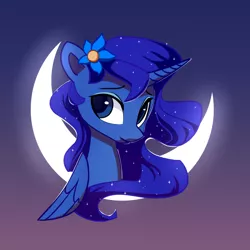 Size: 3000x3005 | Tagged: safe, artist:lilfunkman, derpibooru import, princess luna, alicorn, pony, bust, crescent moon, curved horn, cute, female, flower, flower in hair, gradient background, looking at you, lunabetes, mare, moon, portrait, solo