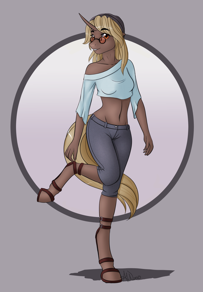 Size: 1464x2105 | Tagged: safe, artist:fairdahlia, derpibooru import, oc, oc:hipster amps, unofficial characters only, anthro, unguligrade anthro, unicorn, adorasexy, anthro oc, belly button, breasts, clothes, cute, female, gift art, glasses, hoof shoes, mare, midriff, off shoulder, raised leg, sexy, solo, standing, standing on one leg