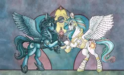 Size: 2360x1430 | Tagged: safe, artist:fillyphalanx, derpibooru import, princess celestia, princess luna, alicorn, pony, armor, bracelet, clothes, crown, duo, helmet, horn accessory, horn ring, horns are touching, jewelry, rearing, regalia, ruffles, shoes, traditional art, watercolor painting