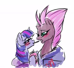 Size: 550x507 | Tagged: dead source, safe, artist:candasaurus, derpibooru import, fizzlepop berrytwist, tempest shadow, twilight sparkle, pony, my little pony: the movie, blushing, clothes, female, food, hoodie, lesbian, mouth hold, pocky, pocky game, shipping, simple background, tempestlight, white background