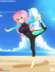 Size: 2300x3000 | Tagged: safe, artist:minusclass, derpibooru import, fluttershy, equestria girls, equestria girls series, forgotten friendship, balancing, barefoot, beach, clothes, feet, female, flexible, ocean, patreon, patreon logo, sand, solo, wetsuit