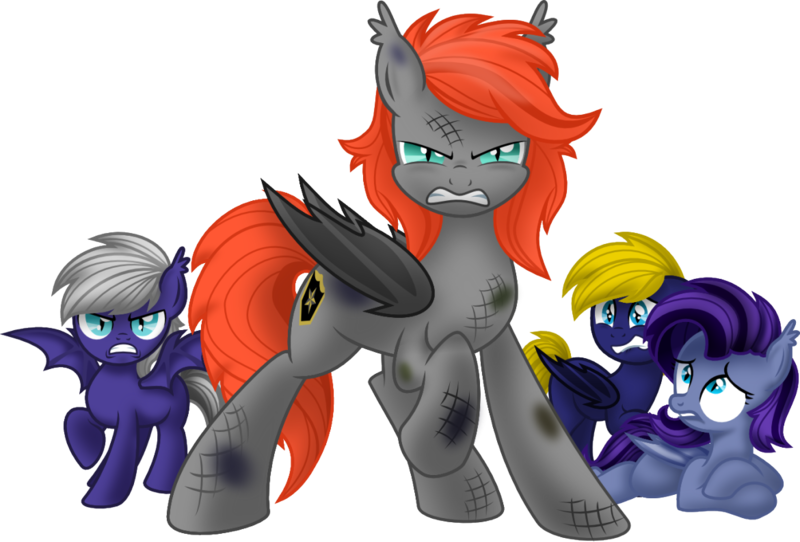 Size: 1170x793 | Tagged: safe, artist:vinylbecks, derpibooru import, oc, oc:dusk, oc:grem, oc:midnight, oc:vera, unofficial characters only, bat pony, pony, fanfic, fanfic:a flame in the darkness, angry, bat pony oc, bruised, colt, fanfic art, female, filly, male, mare, protecting, scared, simple background, squint, transparent background