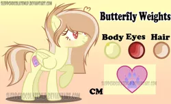 Size: 1024x624 | Tagged: safe, artist:sleppchocolatemlp, derpibooru import, oc, oc:butterfly weights, unofficial characters only, pegasus, pony, female, mare, offspring, parent:bulk biceps, parent:fluttershy, parents:flutterbulk, reference sheet, solo