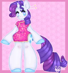 Size: 2688x2923 | Tagged: anthro, arm hooves, artist:bunxl, cheongsam, clothes, derpibooru import, rarity, safe, solo, unguligrade anthro