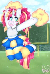 Size: 2000x3000 | Tagged: safe, artist:bunxl, derpibooru import, oc, oc:scribble, unofficial characters only, unicorn, armpits, bubblegum, cheerleader, food, gum, pom pom, solo