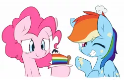 Size: 2048x1327 | Tagged: artist:akainu_pony, cake, crying, derpibooru import, food, pinkie pie, rainbow dash, safe, secrets and pies, simple background, tears of joy