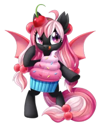 Size: 1024x1297 | Tagged: safe, artist:centchi, derpibooru import, oc, oc:strawberry devilcake, unofficial characters only, bat pony, pony, bat pony oc, bipedal, clothes, costume, cupcake costume, female, food, food costume, mare, simple background, solo, tongue out, transparent background, watermark