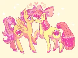 Size: 632x472 | Tagged: safe, artist:njeekyo, derpibooru import, apple bloom, scootaloo, earth pony, pegasus, pony, blushing, boop, cutie mark, duo, female, filly, heart, lesbian, looking at each other, noseboop, raised hoof, scootabloom, shipping, simple background, the cmc's cutie marks, yellow background