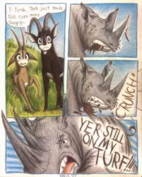 Size: 1072x1336 | Tagged: angry, animal in mlp form, antelope, artist:thefriendlyelephant, bark, black rhinoceros, bush, clenched teeth, cloven hooves, comic, comic:sable story, crunch, derpibooru import, giant sable antelope, horns, oc, oc:grumpy the rhino, oc:sabe, oc:uganda, quiver, rage, rhinoceros, safe, scared, snapped, speech bubble, traditional art, unofficial characters only, yelling