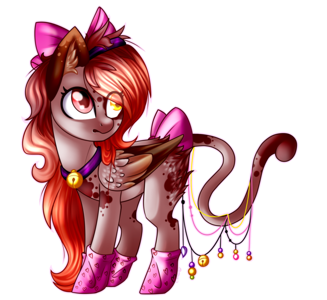 Size: 1788x1639 | Tagged: safe, artist:sodapopfairypony, derpibooru import, oc, oc:meow meow, unofficial characters only, cat pony, original species, pony, augmented tail, bell, bell collar, bow, cat tail, collar, female, hair bow, mare, simple background, solo, tail bow, transparent background, wings