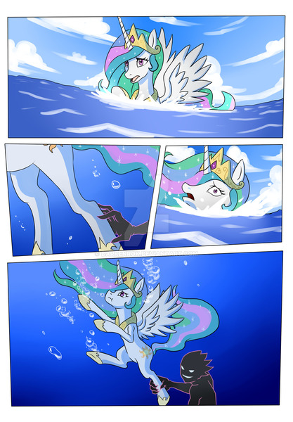 Size: 1024x1475 | Tagged: semi-grimdark, artist:darkenrok, derpibooru import, princess celestia, pony, comic:drowning is magic, comic, ocean, underwater, watermark