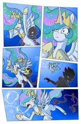 Size: 1024x1557 | Tagged: semi-grimdark, artist:darkenrok, derpibooru import, princess celestia, pony, comic:drowning is magic, bubble, comic, ocean, punch, underwater, watermark