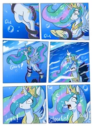 Size: 1024x1408 | Tagged: semi-grimdark, artist:darkenrok, derpibooru import, princess celestia, alicorn, pony, comic:drowning is magic, asphyxiation, bubble, comic, drowning, female, fetish, imminent death, mare, ocean, peril, underwater, watermark