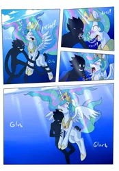 Size: 1024x1475 | Tagged: semi-grimdark, suggestive, artist:darkenrok, derpibooru import, princess celestia, pony, comic:drowning is magic, asphyxiation, bubble, butt touch, comic, drowning, fetish, hand on butt, imminent death, ocean, peril, underwater, watermark